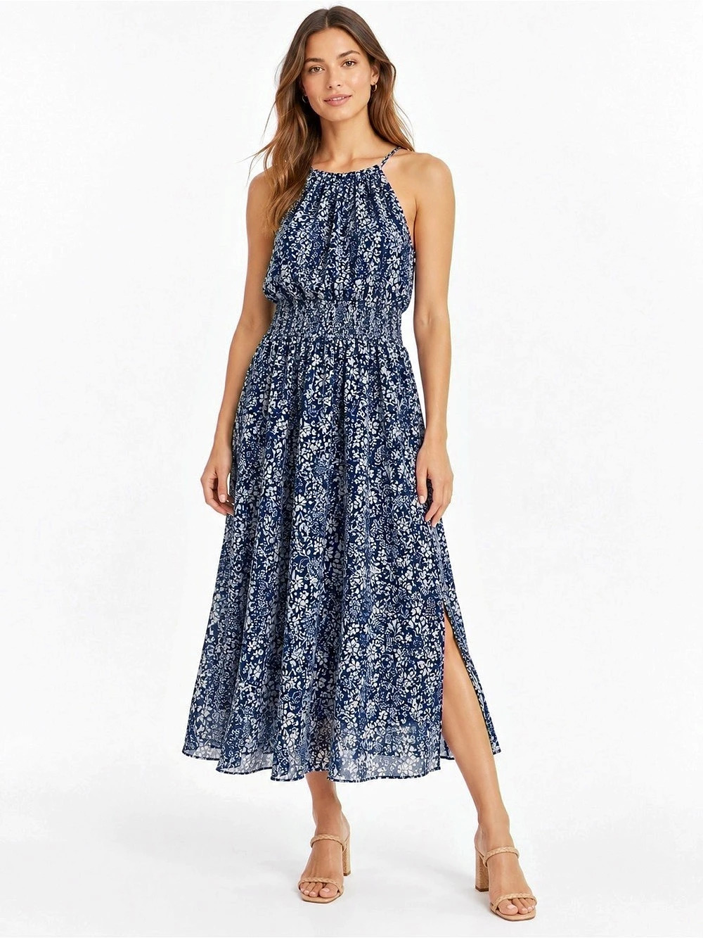 NWT Madewell Smocked Halter Midi Dress Blue Ditsy Floral Size 2 Cottagecore